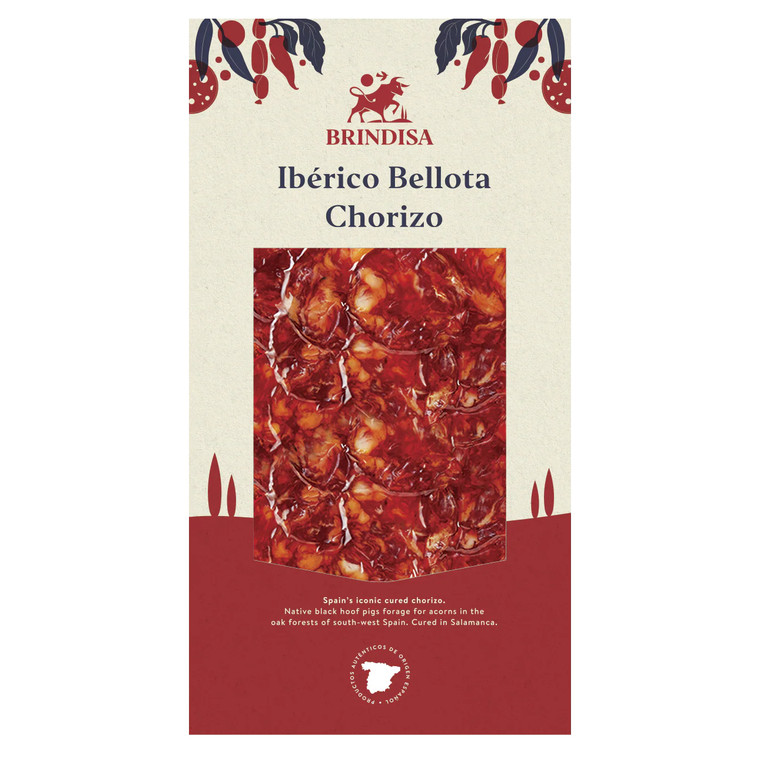 Brindisa Acorn Fed 75% Ibérico Chorizo 100g is a sliced Spanish chorizo with sweet, smoky flavour and a soft texture, ideal for charcuterie and tapas.