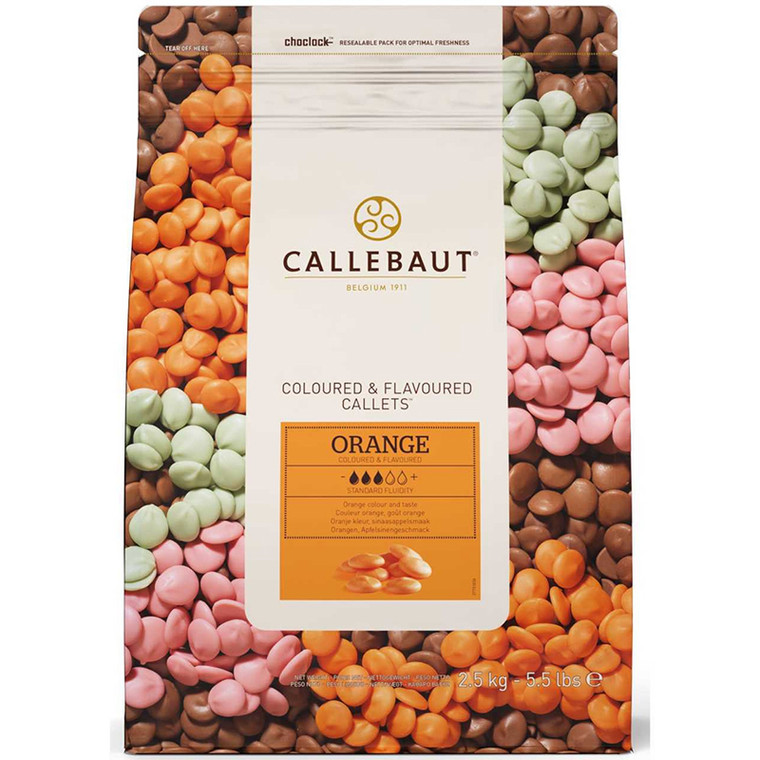 Callebaut Orange Flavoured Callets 2.5kg offer a vibrant orange colour and a delightful bittersweet orange taste, perfect for adding a touch of citrusy flair to your desserts, pastries, and confections.