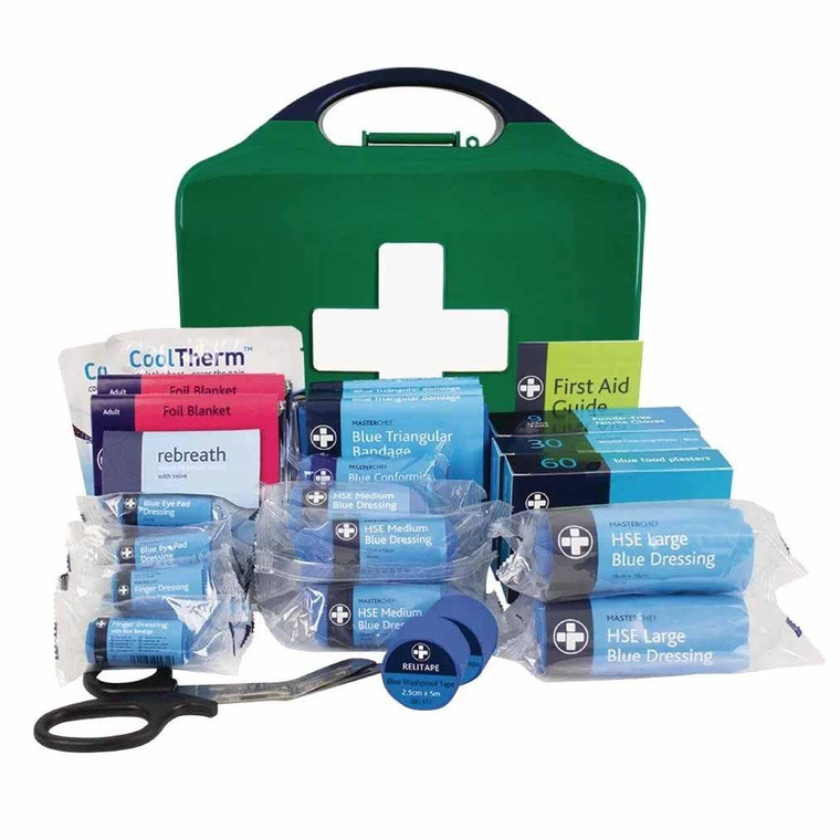Reliable catering first aid kit medium with HSE-approved blue contents for cuts, burns and eye incidents in professional kitchens.