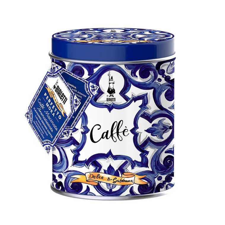 Bialetti Dolce & Gabbana Mediterranean Blue Coffee Tin 200g. Ground coffee for moka pots in a reusable designer tin.