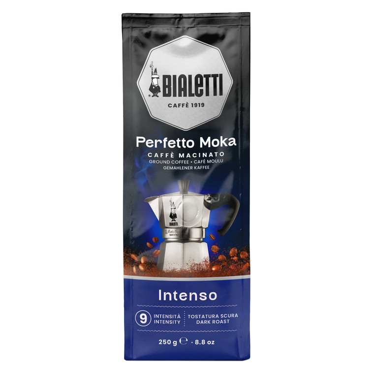 Bialetti Perfetto Moka Intenso Coffee 250g. Dark roast, high intensity blend with cocoa notes, ideal for moka pot brewing.