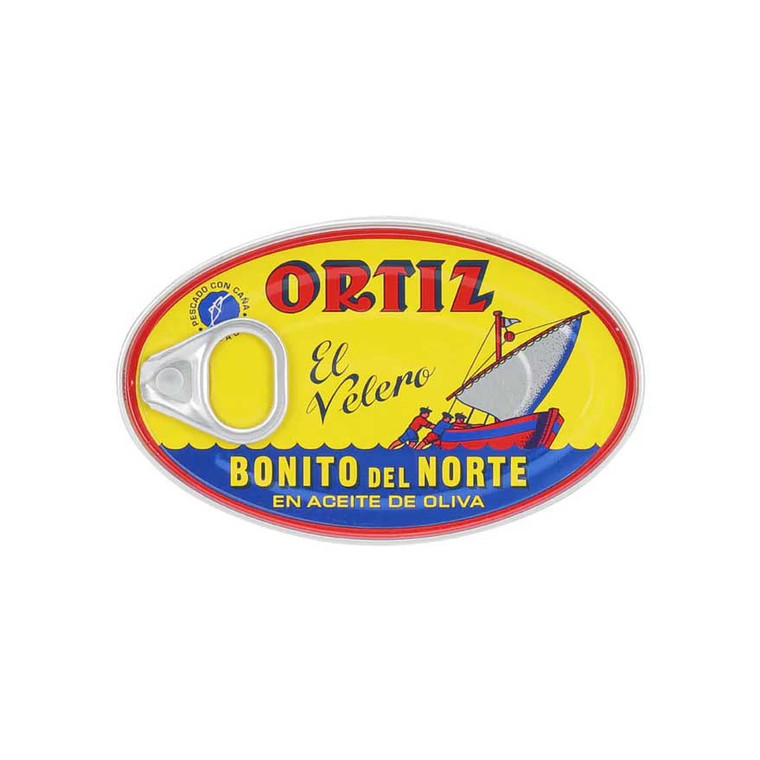 Ortiz White Tuna Fillets 112g in olive oil. Delicate Bonito del Norte tuna, line-caught and hand-packed for a silky texture and clean flavour.