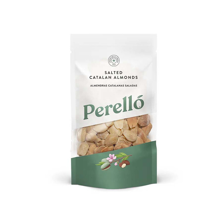 Perello Salted Catalan Almonds 150g. Crisp Mediterranean almonds with a sweet, slightly bitter flavour, ideal for snacking or pairing with drinks.