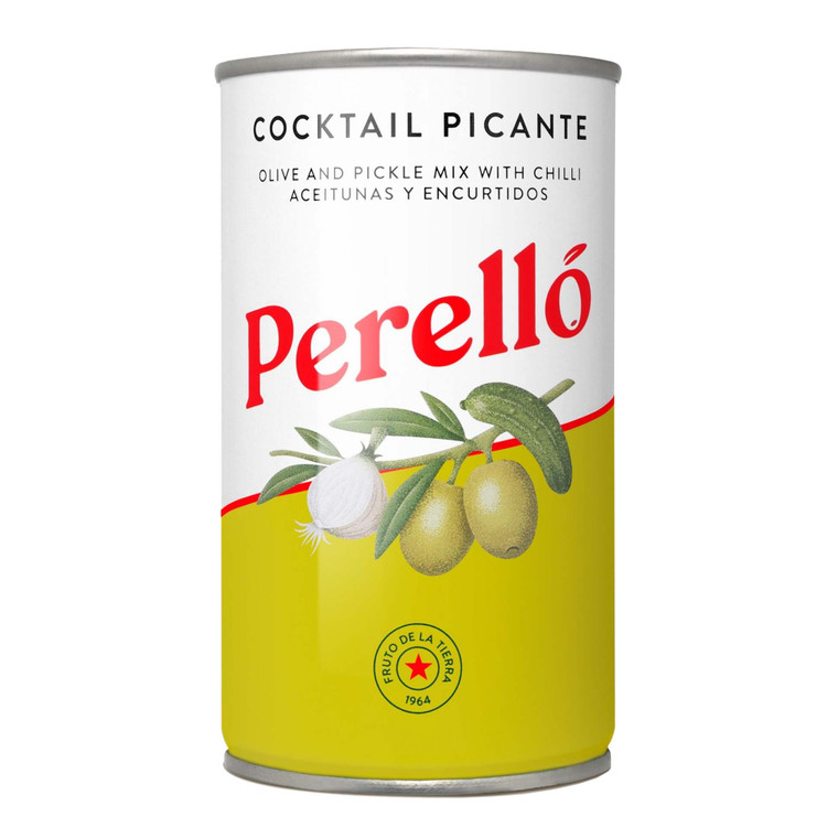 Perello Olive and Pickle Cocktail Mix 180g. Tangy mix of olives, gherkins and chillies, perfect for snacking, sharing and salads.