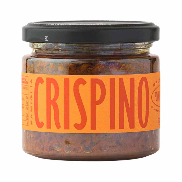 Buy Crispino Bruschetta Dried Tomatoes 190g, a Calabrian tomato bruschetta topping with olive oil, basil and garlic for pasta and antipasti.