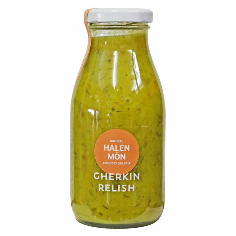 Halen Mon Gherkin Relish 270g combines tangy gherkins, dill and sea salt for sandwiches, platters, burgers and more.