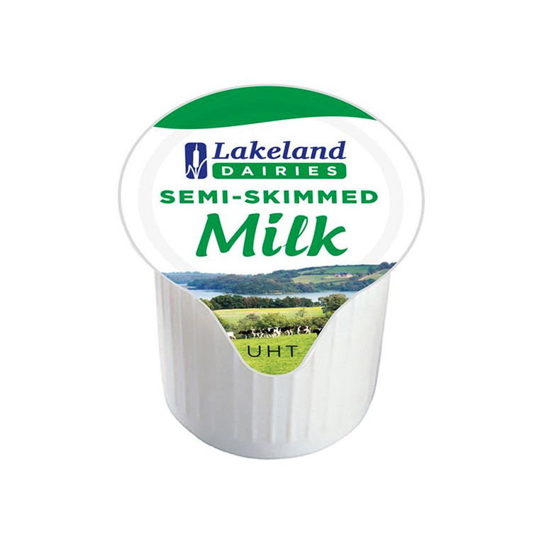 Lakeland UHT Semi Skimmed Milk Portions 120 x 12ml. Convenient long life milk pots for tea, coffee and hospitality. Smooth semi skimmed milk in single serve pots.