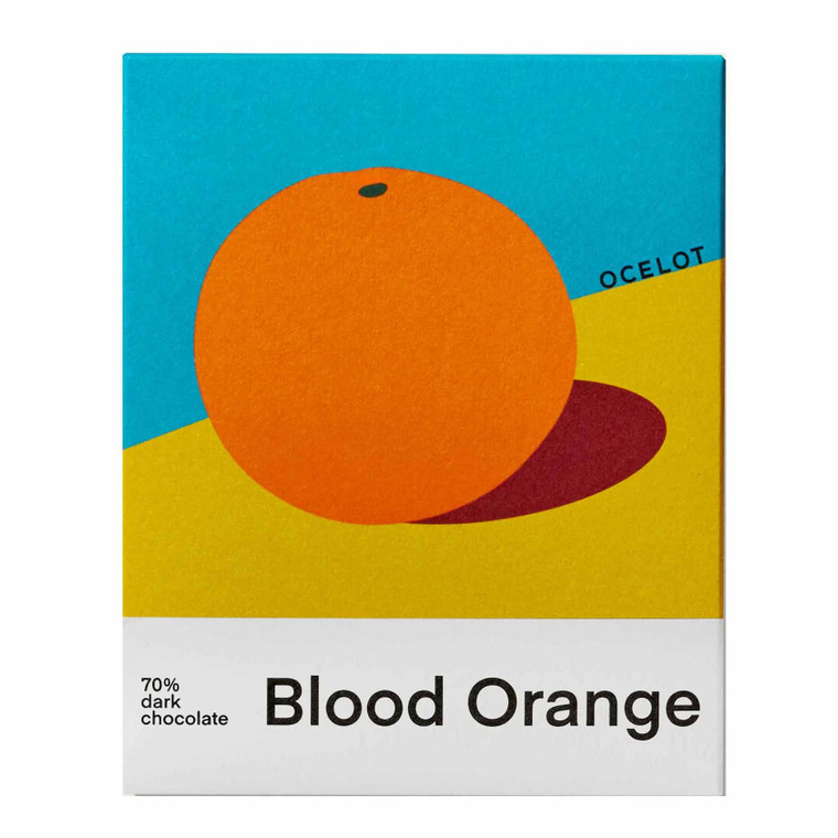Ocelot Blood Orange Organic 70% Dark Chocolate Bar 70g. Award-winning craft chocolate with blood orange, vanilla and premium Virunga cocoa.