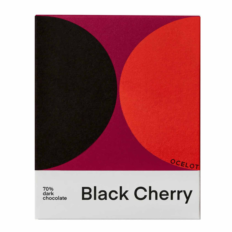 Ocelot Black Cherry Organic 70% Dark Chocolate Bar 70g. Award-winning craft chocolate with black cherry and premium Virunga cocoa.