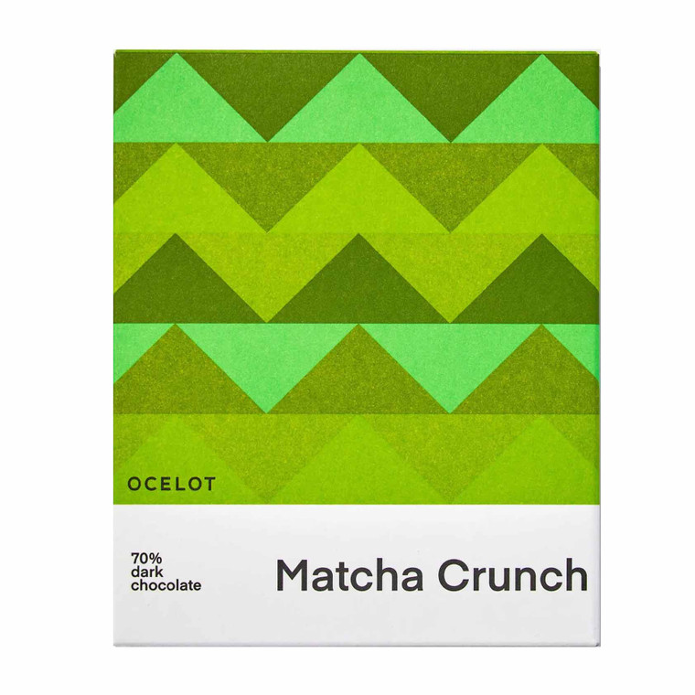 Ocelot Matcha Crunch Organic 70% Dark Chocolate Bar 70g. Organic craft chocolate with Japanese matcha, genmaicha and Virunga cocoa.