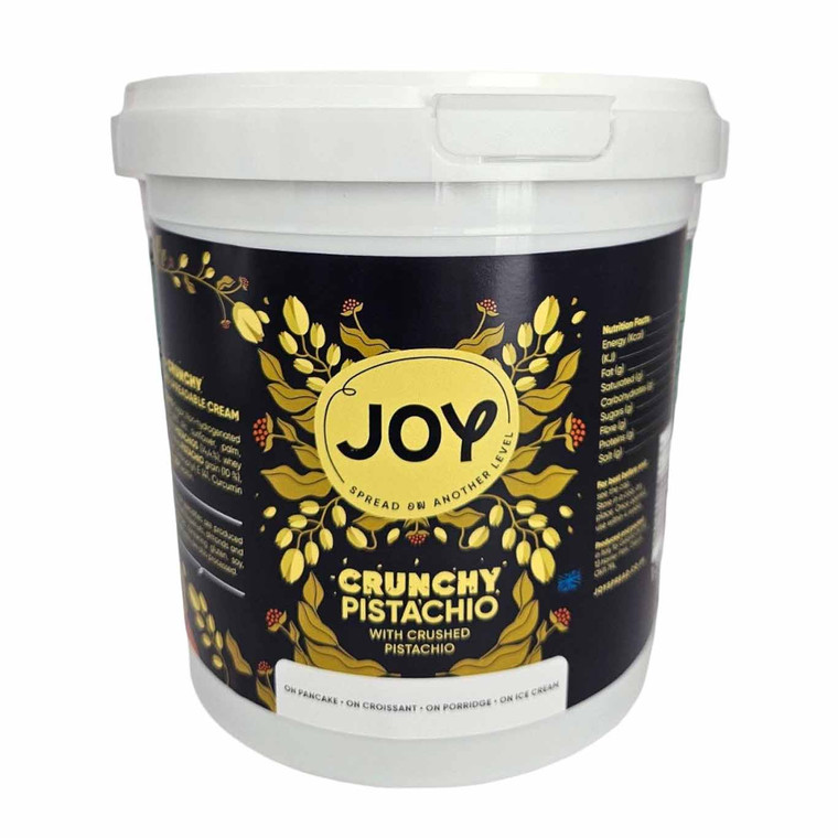 Joy Crunchy Pistachio Spread 1.3kg. Premium Italian pistachio spread with roasted pistachio pieces, ideal for bakeries, cafés and dessert kitchens.