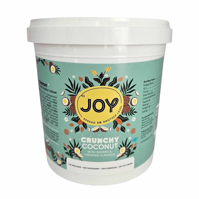 Joy Crunchy Coconut Spread 1.3kg. Premium Italian coconut spread with wafer pieces and almonds, ideal for bakeries, cafés and dessert kitchens.