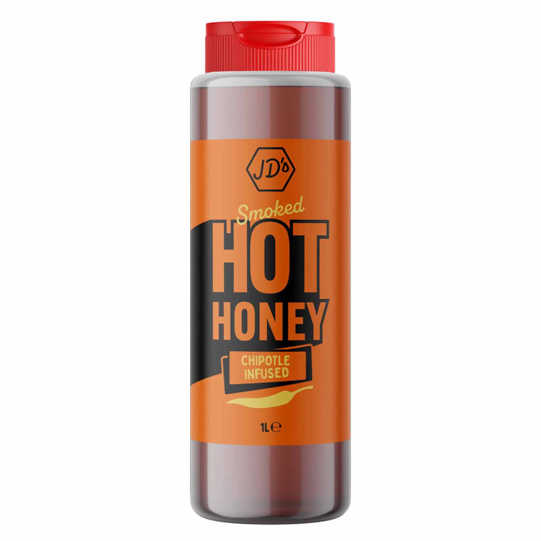 Buy JD's Smoked Hot Honey 1L online at i4C. A sweet, smoky chipotle honey perfect for pizza, barbecue, tacos, salmon and roasted vegetables.