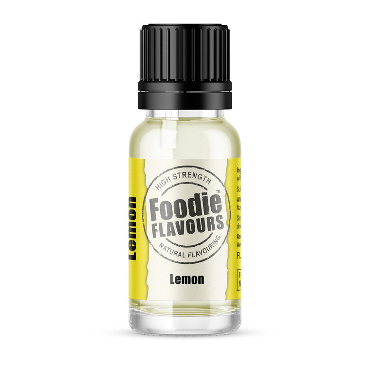 Foodie Flavours Natural Lemon Flavouring 15ml. A concentrated natural flavouring for cakes, cheesecakes, desserts, drinks and confectionery.