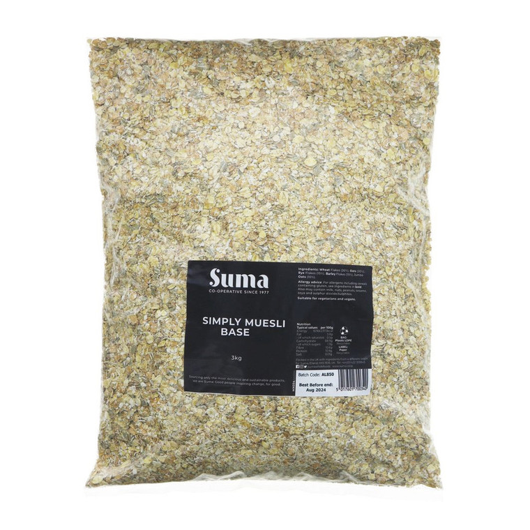 Suma Simply Muesli Base 3kg with a blend of oats and cereal flakes, ready to customise with fruit, nuts or seeds.