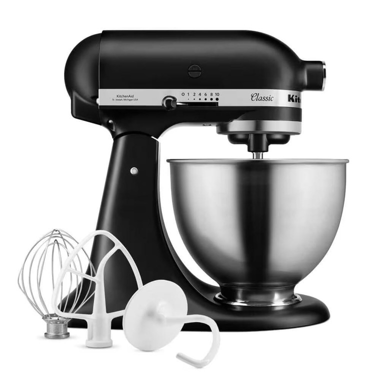 KitchenAid 4.3L Tilt Head Black Stand Mixer with 10 speeds, stainless steel bowl and three accessories for baking, kneading, whisking and mixing.