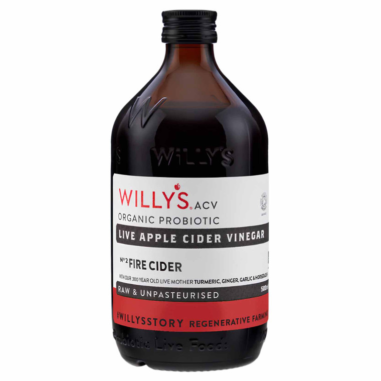 Willy’s Live Fire Cider Apple Cider Vinegar 500ml combines raw British ACV with ginger, turmeric, chilli, horseradish and honey for a fiery, tangy kick.