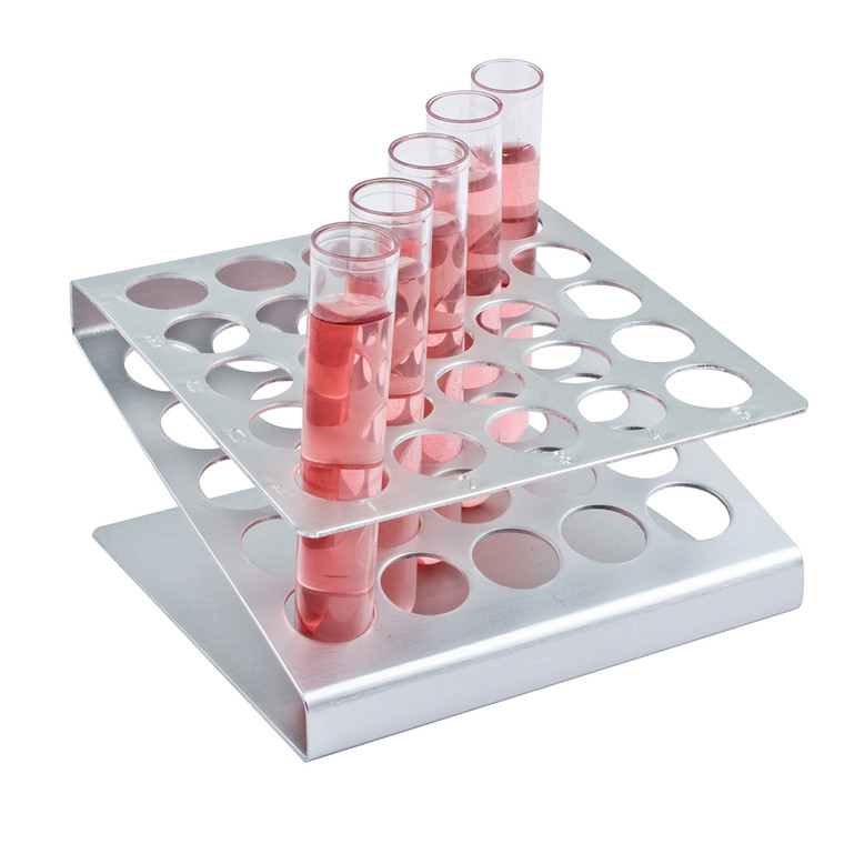 Durable aluminium test tube stand with 25 holes for secure storage or creative food and drink presentation.