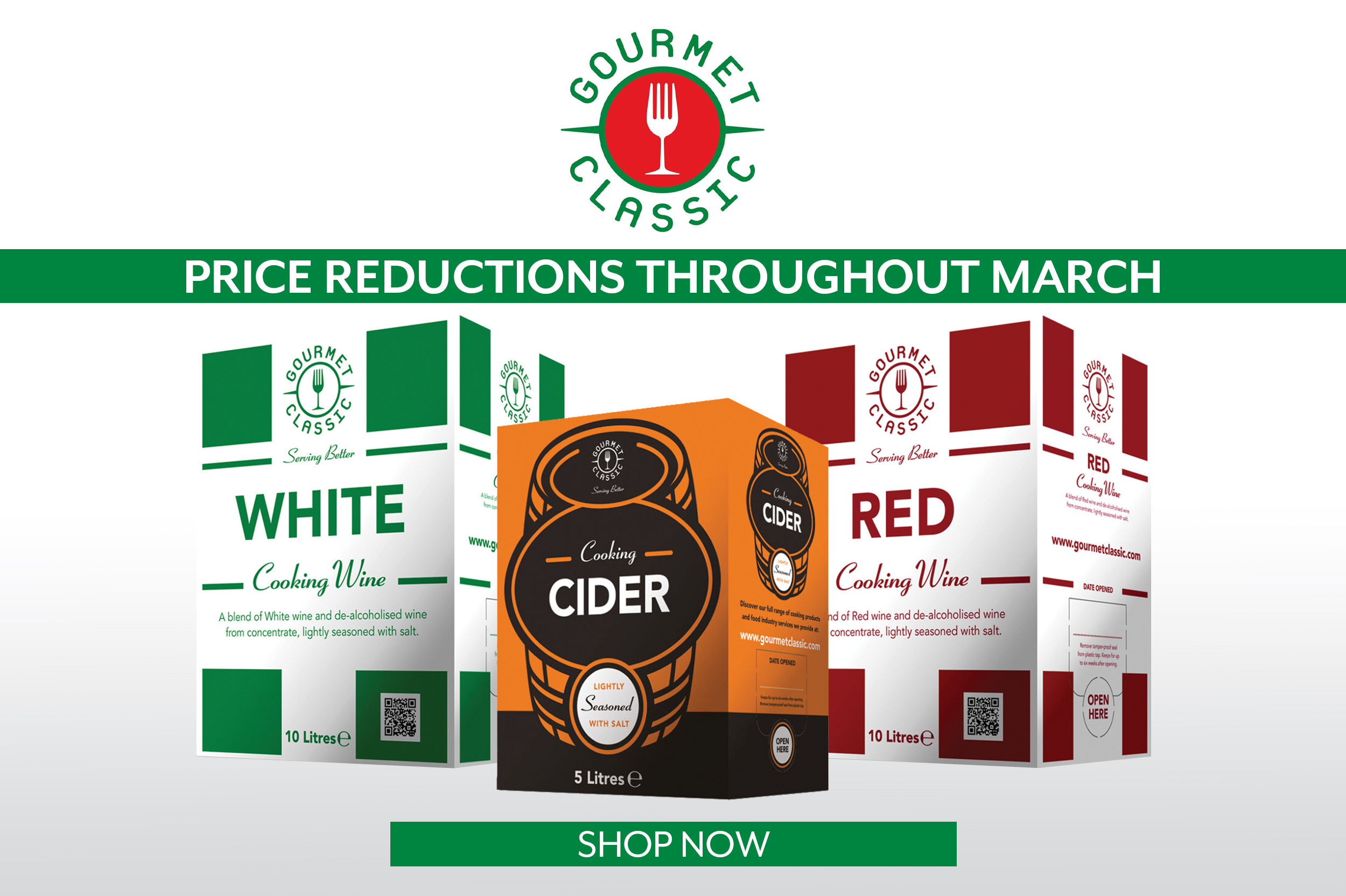 White background with Gourmet Classic 10 litre white and red cooking wine and 5 litre cooking cider with price reductions throughout march and the gourmet classic logo