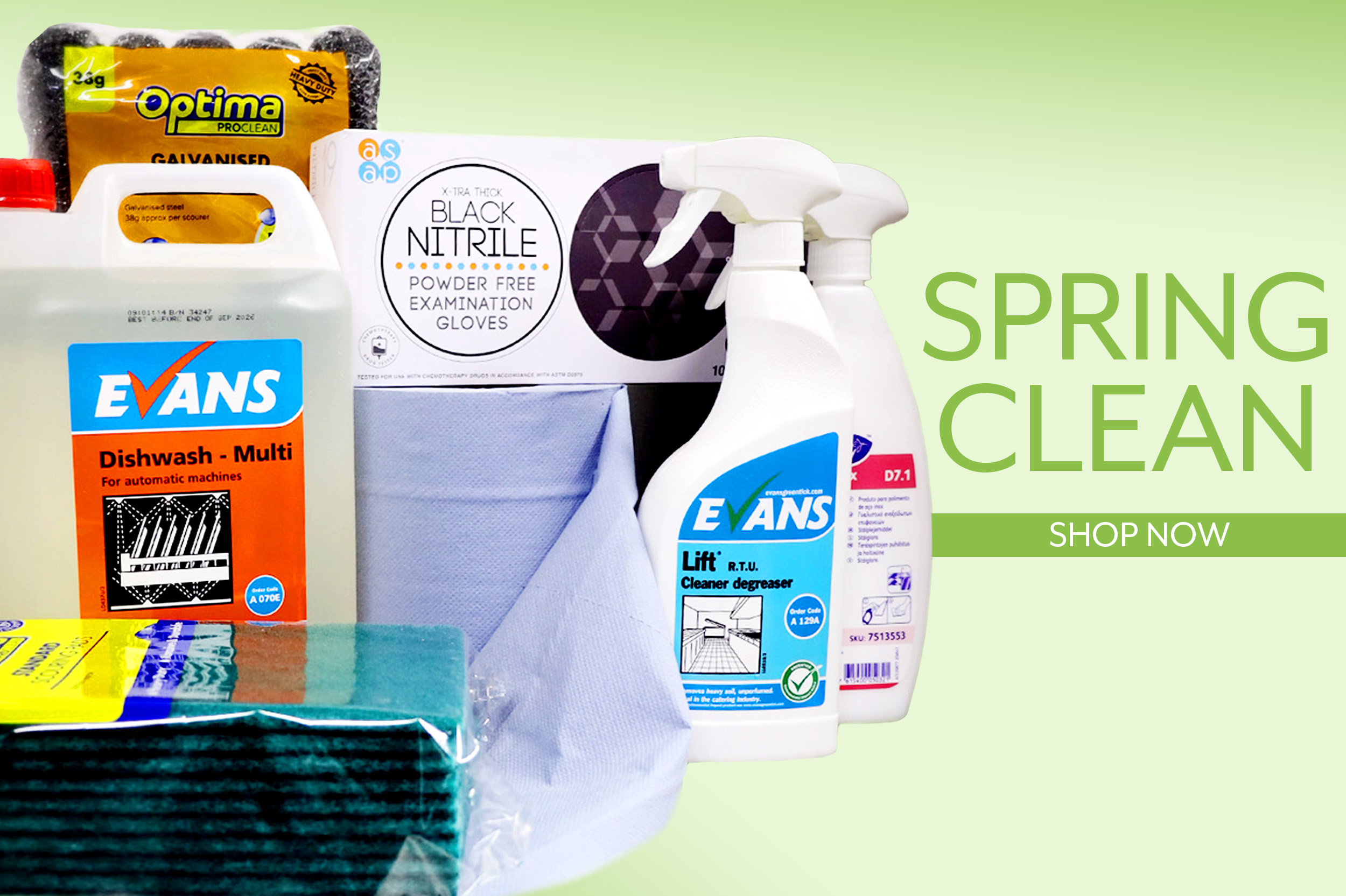 Professional cleaning products on a light green backdrop with Spring Clean and shop now written beside them