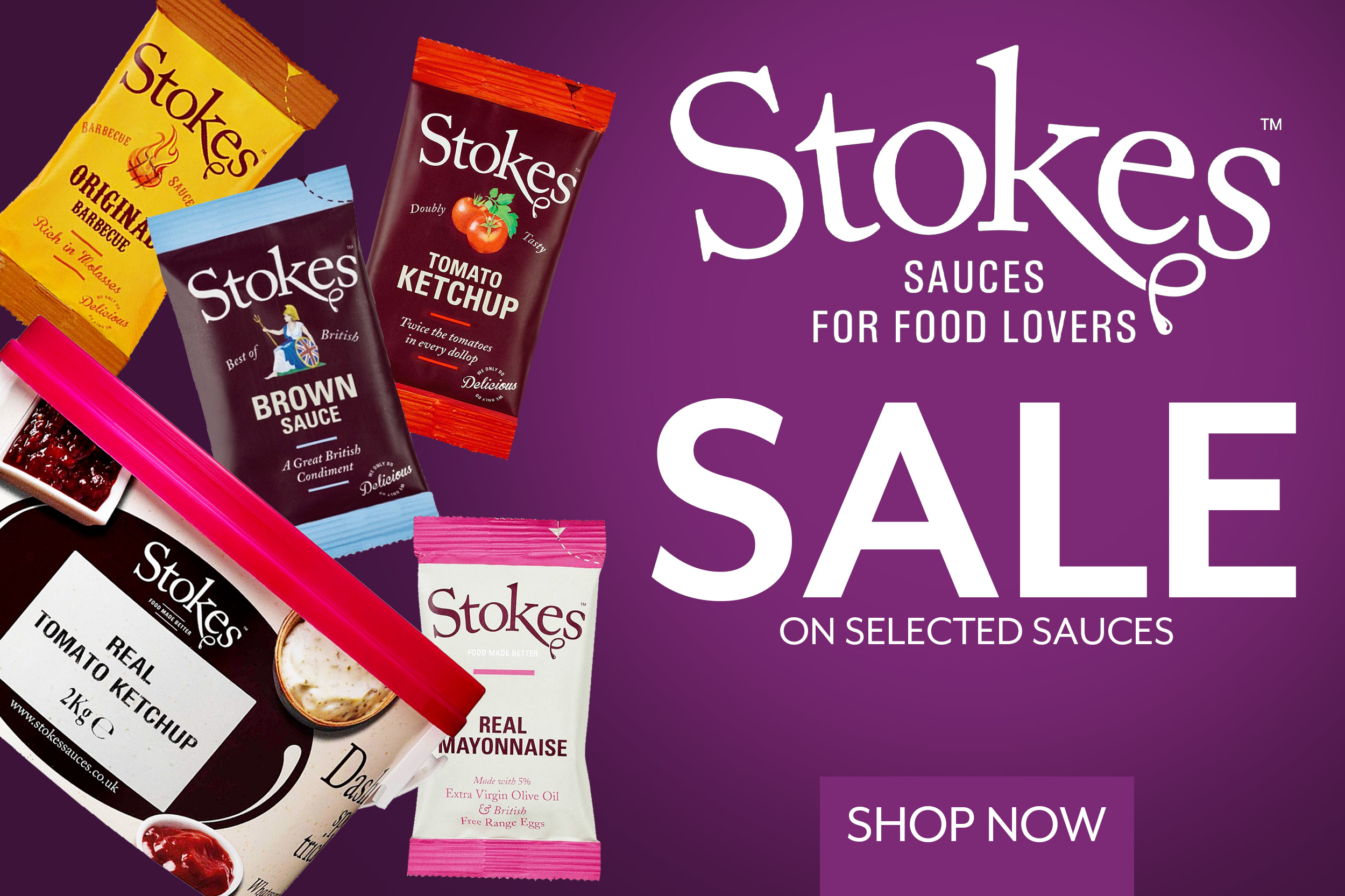 Text saying Stokes sauces sale on selected sauces shop now on a puple background with Stock Sauces products exploding from the bottom left corner