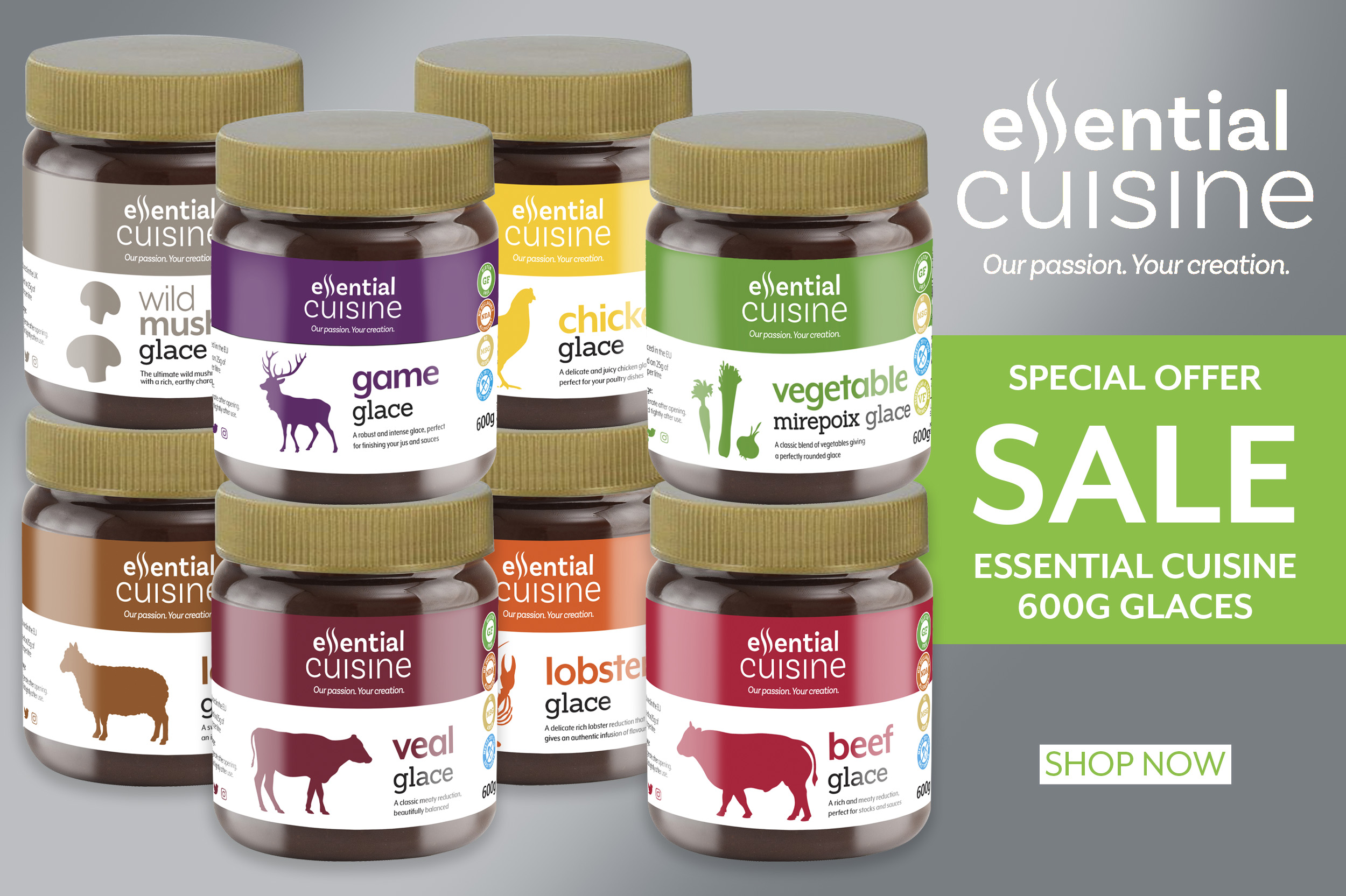 Essential Cuisine special offer sale essential cuisine 600g glaces shop now on a grey background next to a pile of essential cuisine glaces