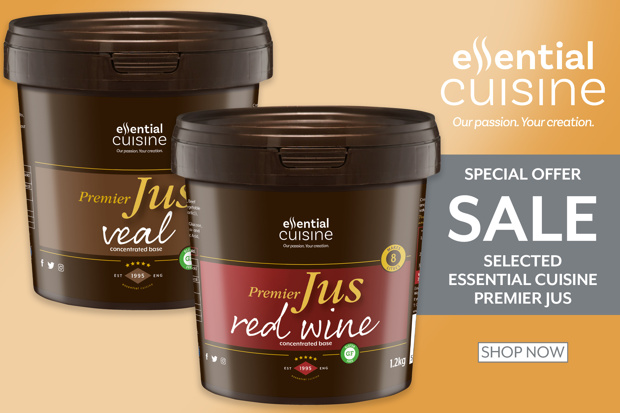 Essential cuisine special offer sale on selected essential cuisine premier jus shop now on a grey and orange background next to two tubs of essential cuisine premier jus products