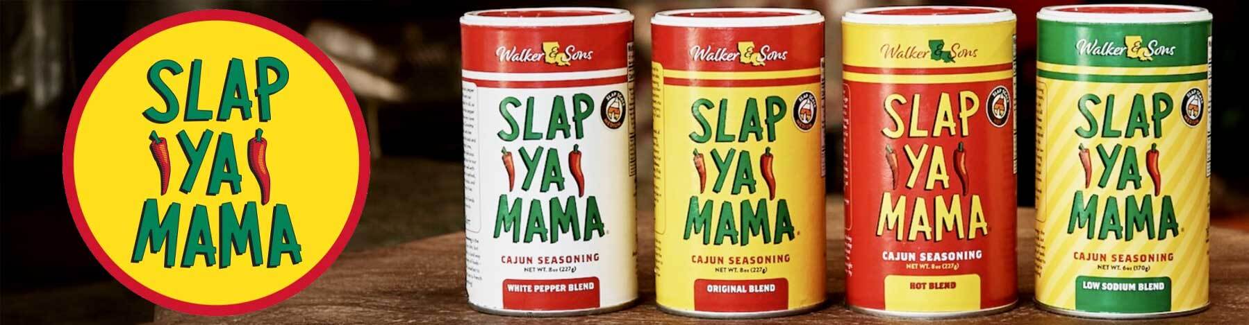 Slap Ya Mama Cajun Seasoning range including Original Blend, Hot Blend, White Pepper and Low Sodium spice mixes for Louisiana style cooking