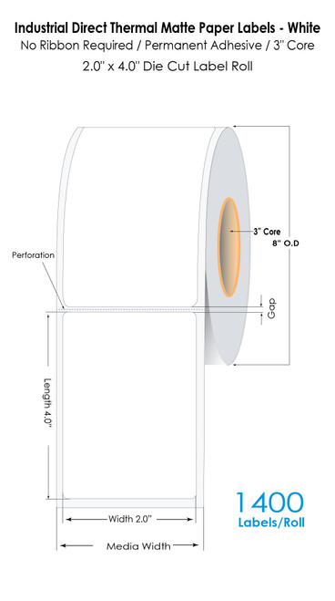 Industrial Direct Thermal Matte Paper Labels - White | 2" x 4" Die Cut Label Roll | 1400 Labels/Roll