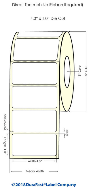 Direct Thermal White 4" x 1" (1UP) 5100 Labels/Roll Sold by Durafast Label Company