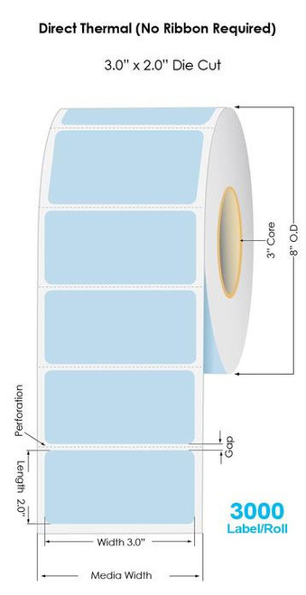 Industrial Blue Direct Thermal 3" x 2" Floodcoated Labels 3000/Roll - 3" Core | 8" OD