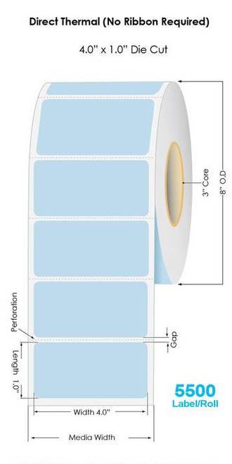 Industrial Blue Direct Thermal 4" x 1" Floodcoated Labels 5500/Roll - 3" Core | 8" OD