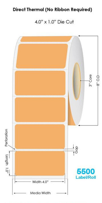 Industrial Orange Direct Thermal 4" x 1" Floodcoated Labels 5500/Roll - 3" Core | 8" OD