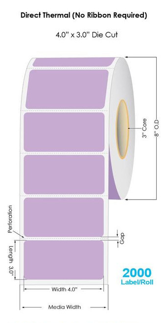 Industrial Purple Direct Thermal 4" x 3" Floodcoated Labels 2000/Roll - 3" Core | 8" OD