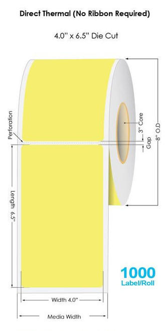 Industrial Yellow Direct Thermal 4" x 6.5" Floodcoated Labels 1000/Roll - 3" Core | 8" OD