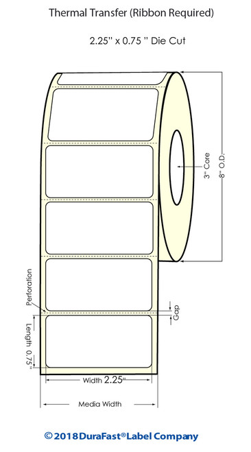 Thermal Transfer White 2.25" x 0.75" (1UP) 6800 Labels/Roll Sold by DuraFast Label Company