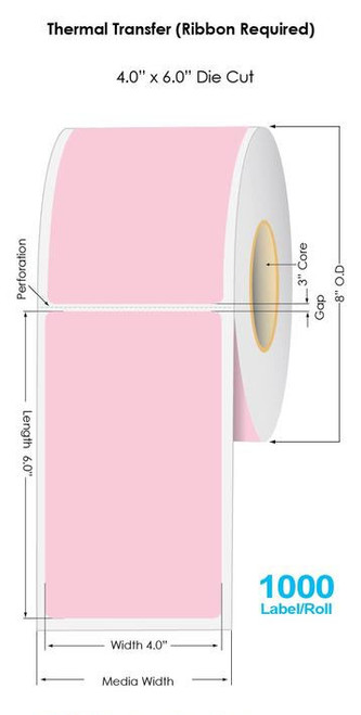 Industrial 1767 PINK Thermal Transfer 4" x 6" Floodcoated Labels 1000/Roll - 3" Core | 8" OD