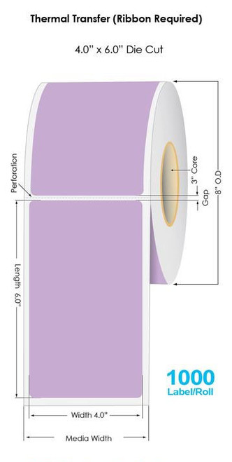 Industrial 2635 PURPLE Thermal Transfer 4" x 6" Floodcoated Labels 1000/Roll - 3" Core | 8" OD