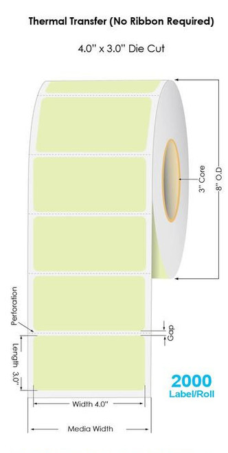 Industrial 802 GREEN Thermal Transfer 4" x 3" Fluorescent Floodcoated Labels 2000/Roll - 3" Core | 8" OD