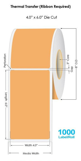 Industrial 804 ORANGE Thermal Transfer 4" x 6" Fluorescent Floodcoated Labels 1000/Roll - 3" Core | 8" OD