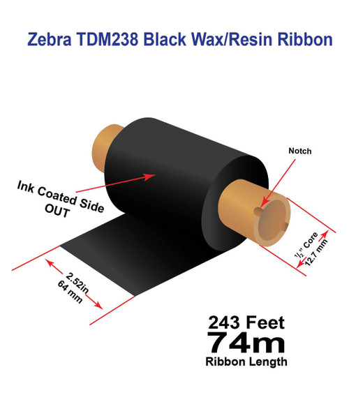 Zebra Eltron 2844 2.52" x 243 Feet TDM238 Black Wax/Resin Ribbon with Ink OUT 