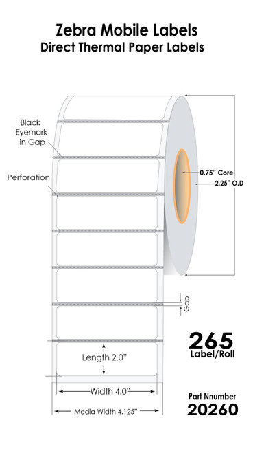 Zebra Mobile 4"x2" Labels 265/Roll-2.25"OD