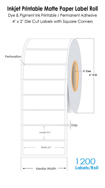 C6500 4"x 2" (Square Corners) Inkjet Matte Paper Label Roll 1200/Roll