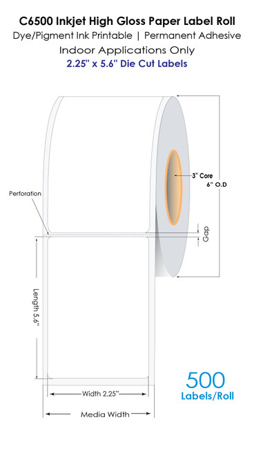 C6500A 2.25” x 5.6” High Gloss Paper Label 500/Roll 3"/6"OD