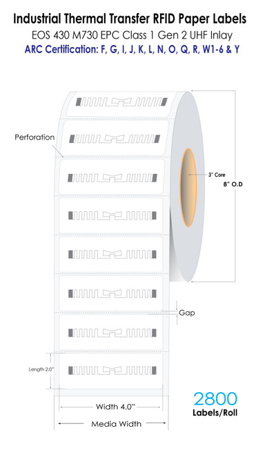 Thermal Transfer 4" x 2" RFID Labels 2800/Roll 3" Core - EOS 430 M730 EPC Class 1 Gen 2 UHF