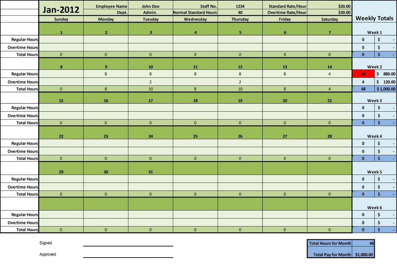 Monthly Excel Time Card Template Pdf Template