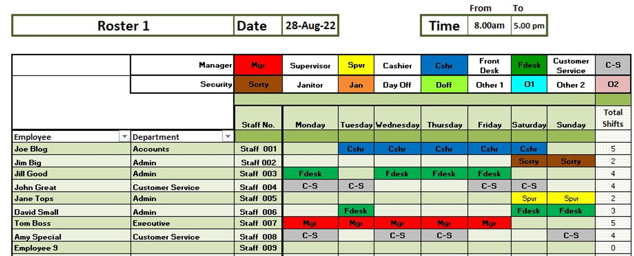 Staff / Employee Roster & Scheduling Excel XLS Template