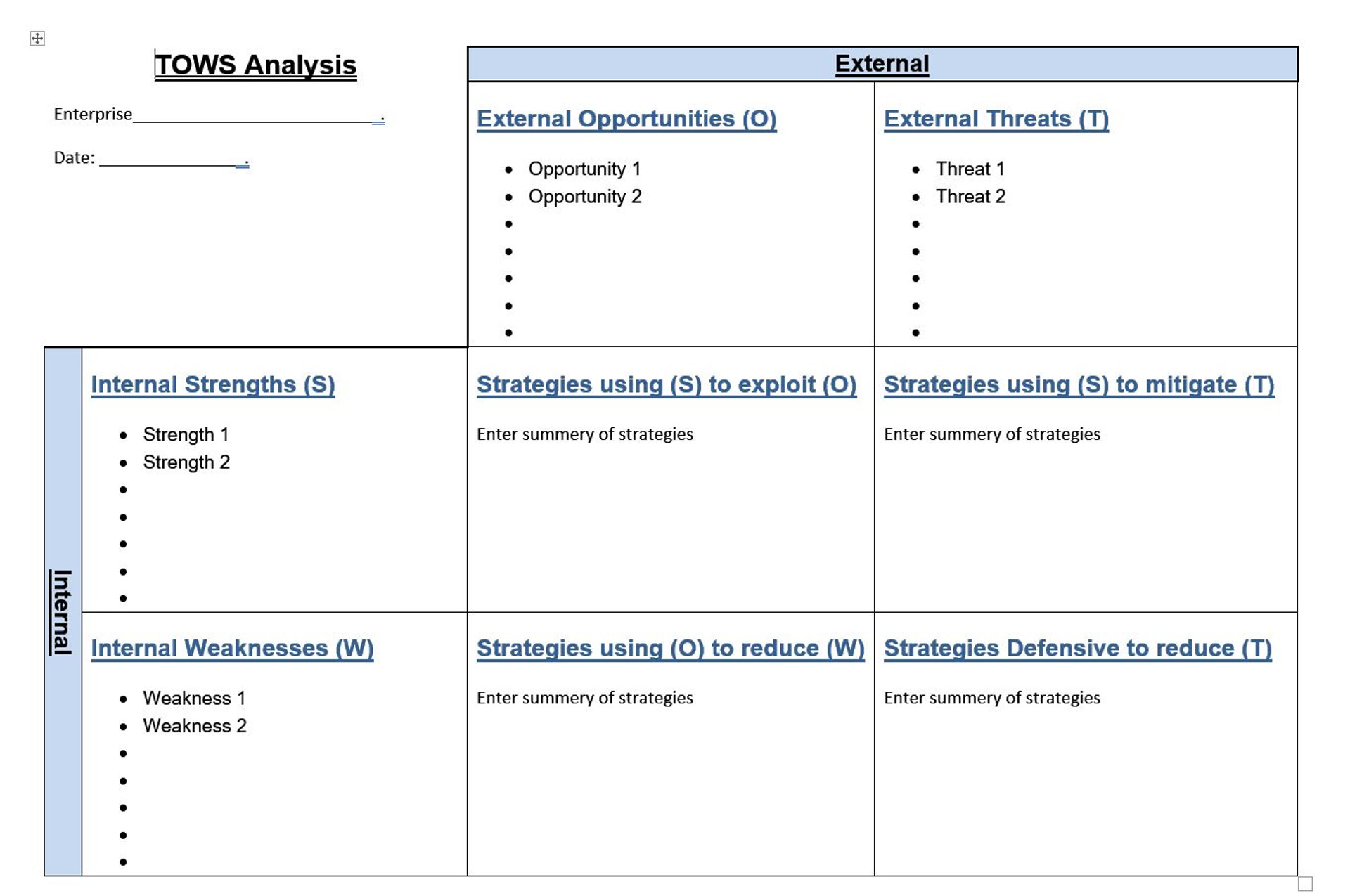 TOWS Analysis Template Word TOWS Template Word