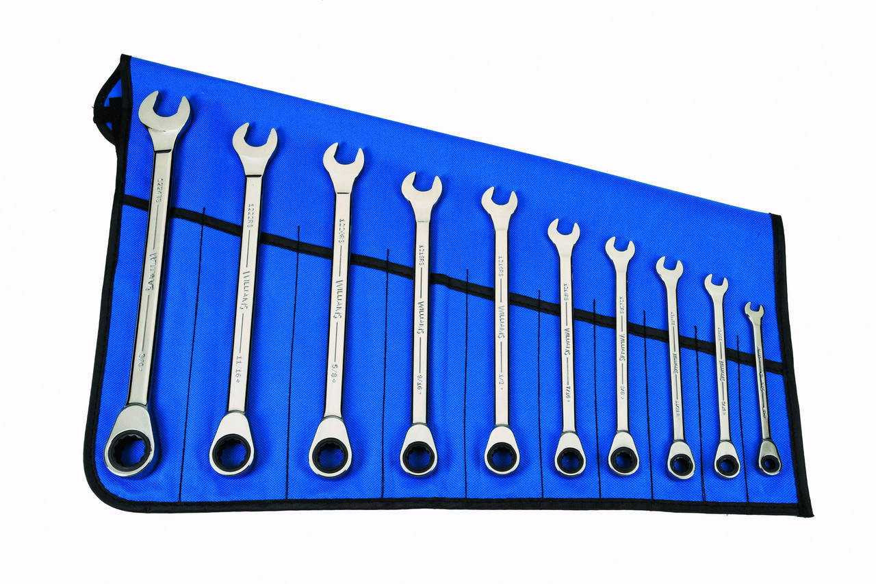 1/4"-3/4" Williams Polished Chrome Standard Ratcheting Combination Wrench Set 10 Pcs in Pouch - JHWWS1180RS Pro Torque Tools