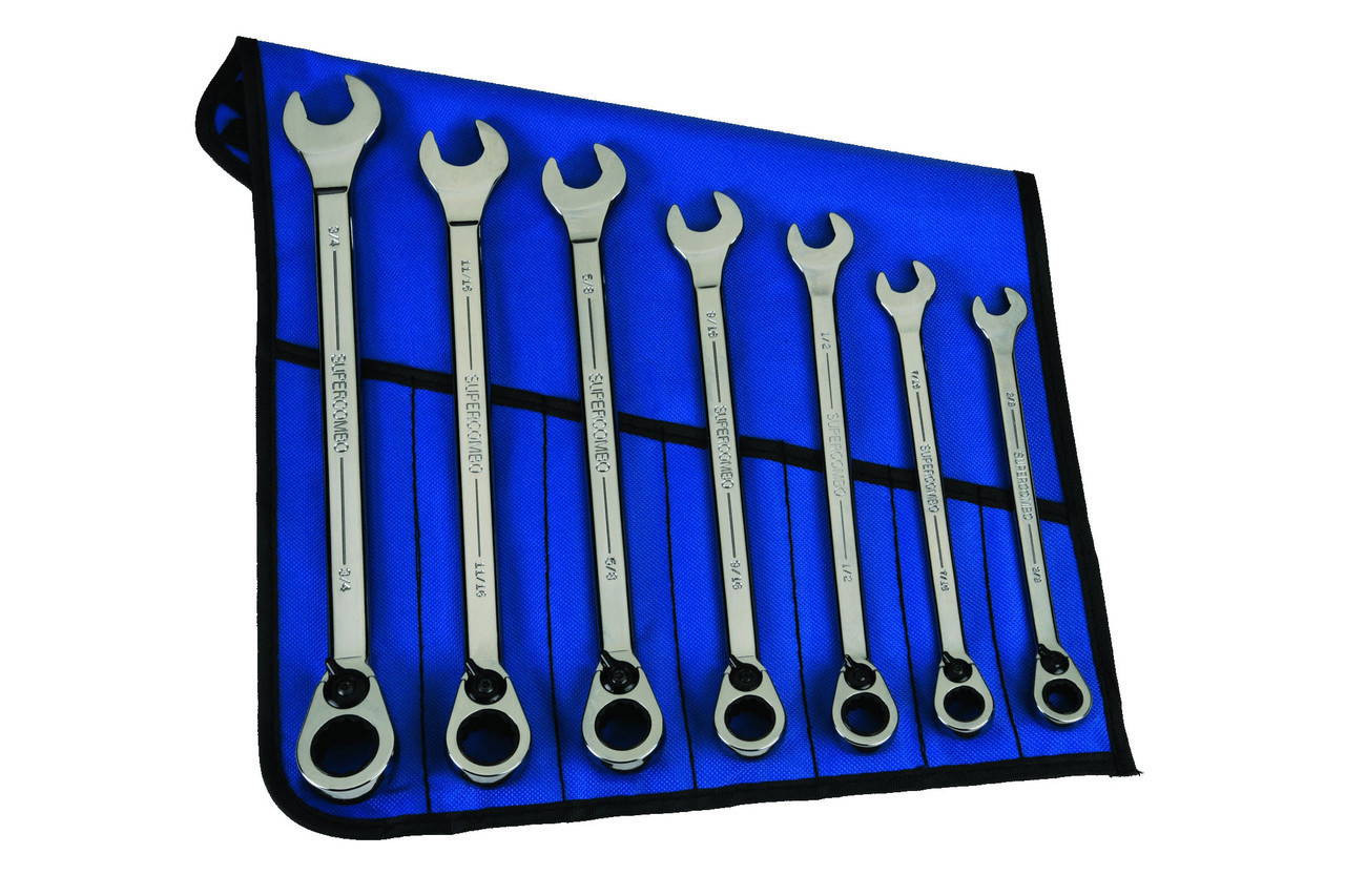 Williams 3/8-3/4 Williams Polished Chrome Reversible Ratcheting Combination Wrench Set 7 Pcs in Pouch - JHWWS1170RCU